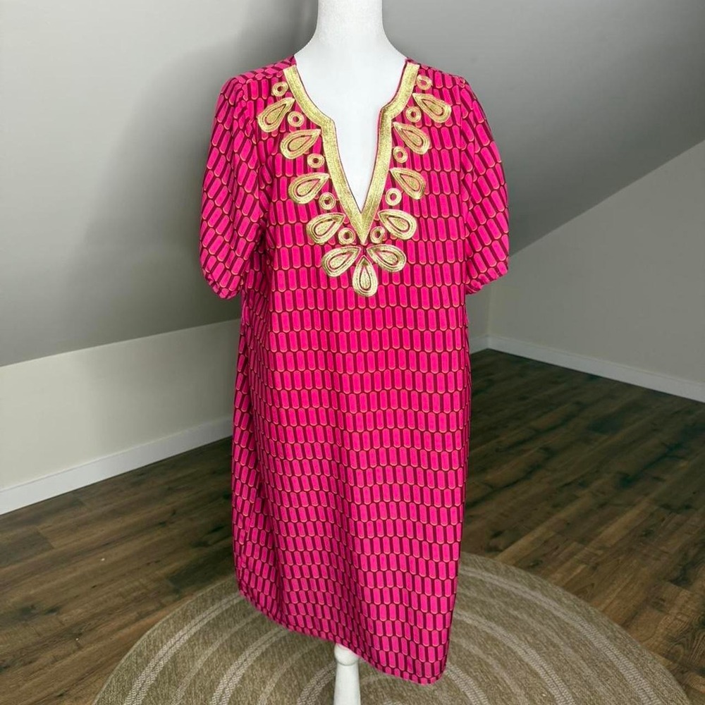 Mud pie Pink and Gold embroidered Caftan Boho Festival Summer Dress